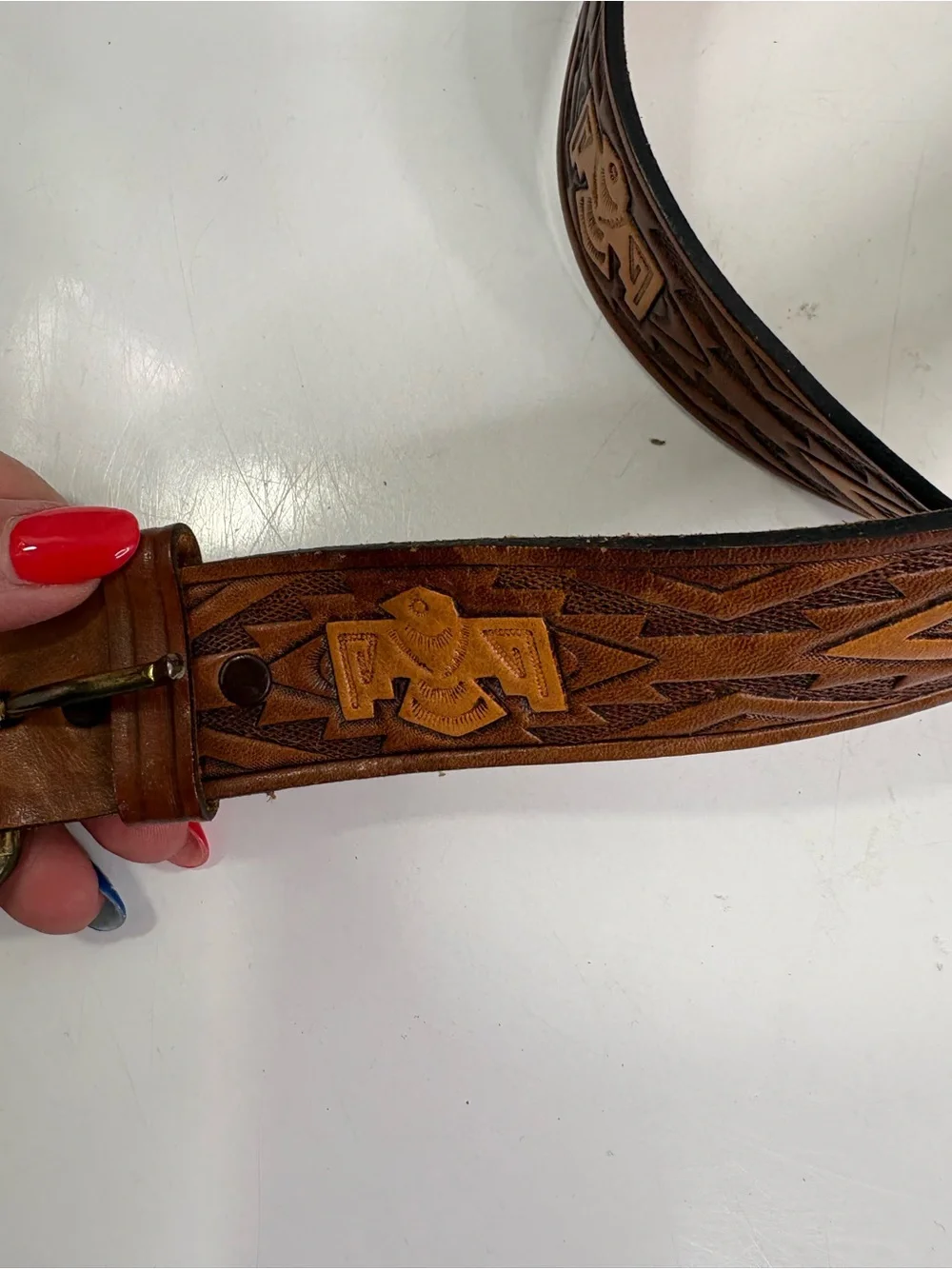 Thunderbird Eagle Tooled Brown Leather Belt with Diamond Pattern size 42